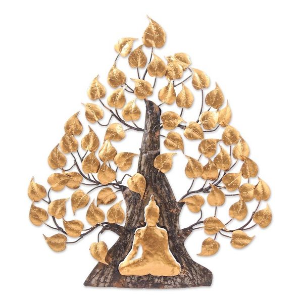 Alternate image for Handmade Gold Foil and Steel Wall Art of Buddha and Tree Buddhas Forest