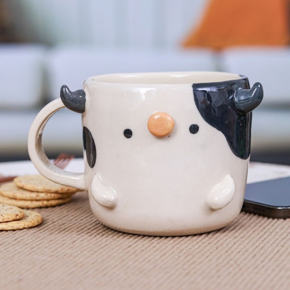 Hand Made 9 oz Glazed Ceramic Cow Mug from Thailand 'Cow Morning'