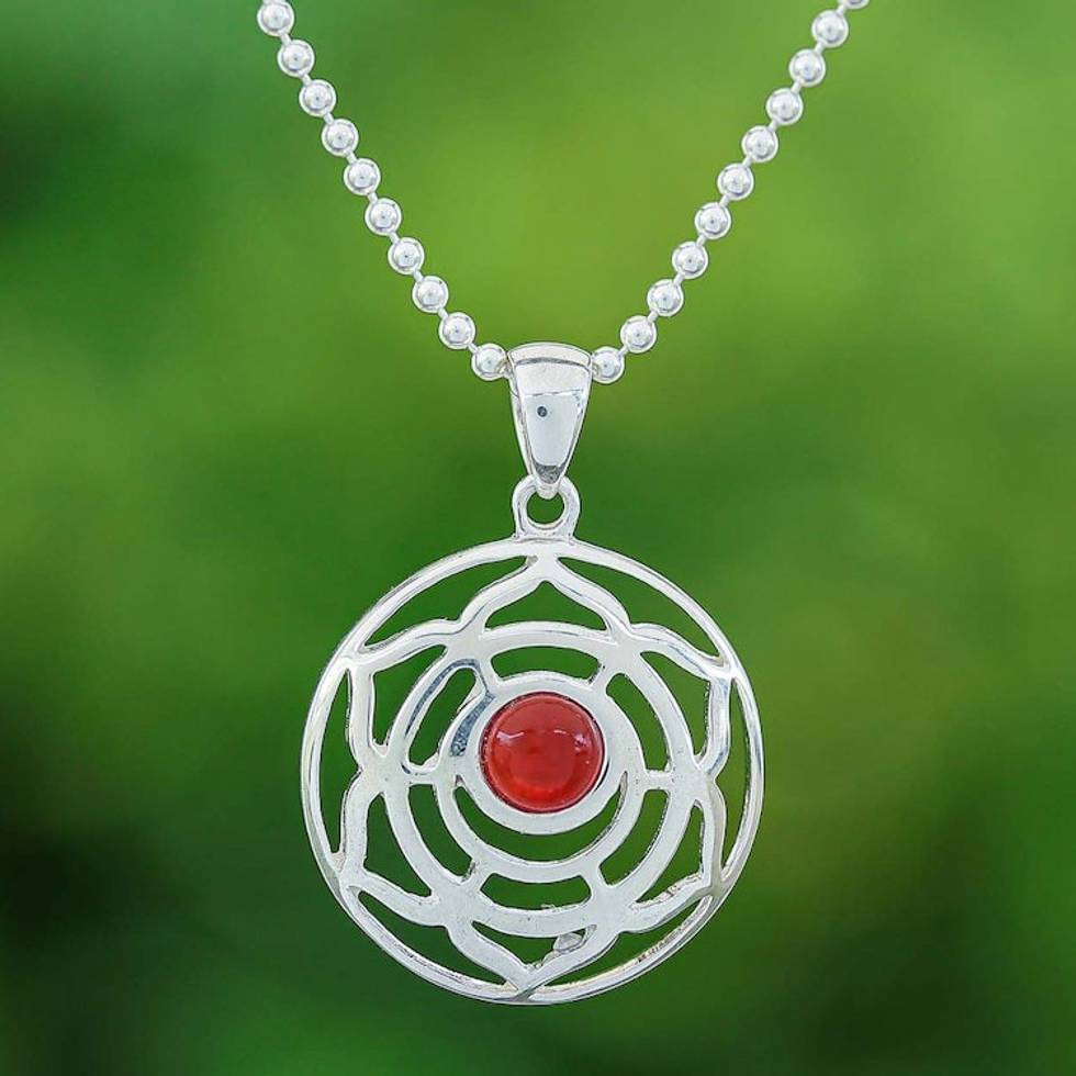 Rose-Themed Natural Carnelian Pendant Necklace from Thailand 'Fiery Rose'