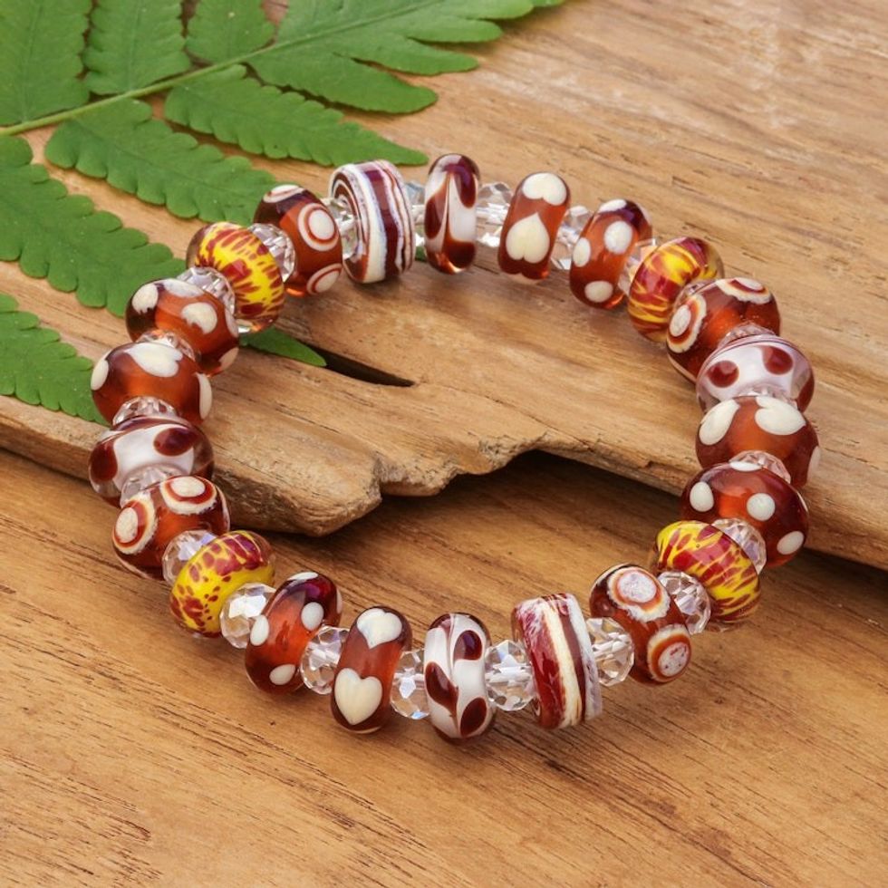 Brown White Art Glass and Crystal Beaded Stretch Bracelet 'Earthy Spell'