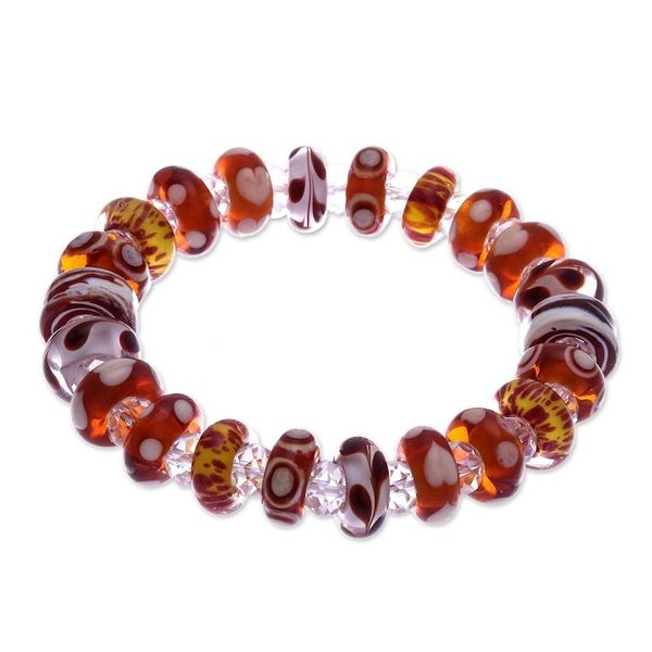Alternate image for Brown White Art Glass and Crystal Beaded Stretch Bracelet Earthy Spell