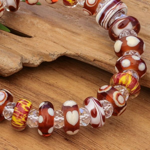 Alternate image for Brown White Art Glass and Crystal Beaded Stretch Bracelet Earthy Spell