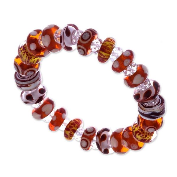 Alternate image for Brown White Art Glass and Crystal Beaded Stretch Bracelet Earthy Spell