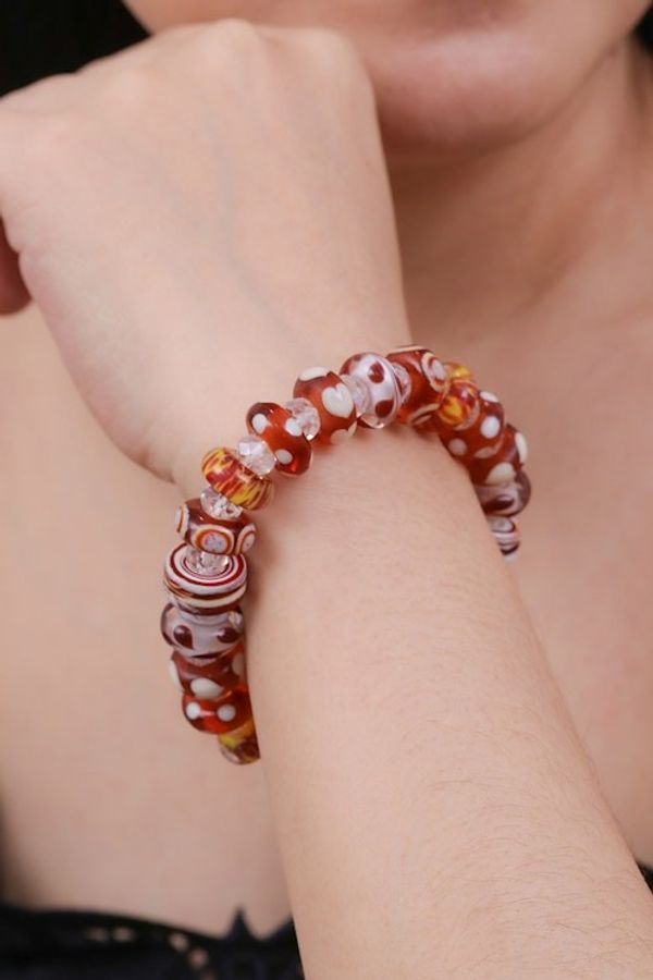 Alternate image for Brown White Art Glass and Crystal Beaded Stretch Bracelet Earthy Spell