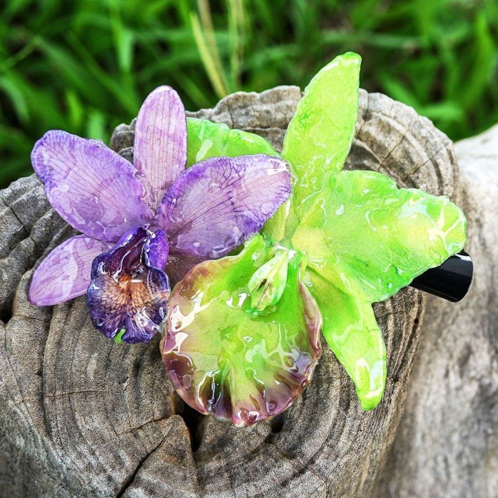 Purple and Green Natural Cattleya Flower Resin Hair Clip 'Fairy Cattleya'