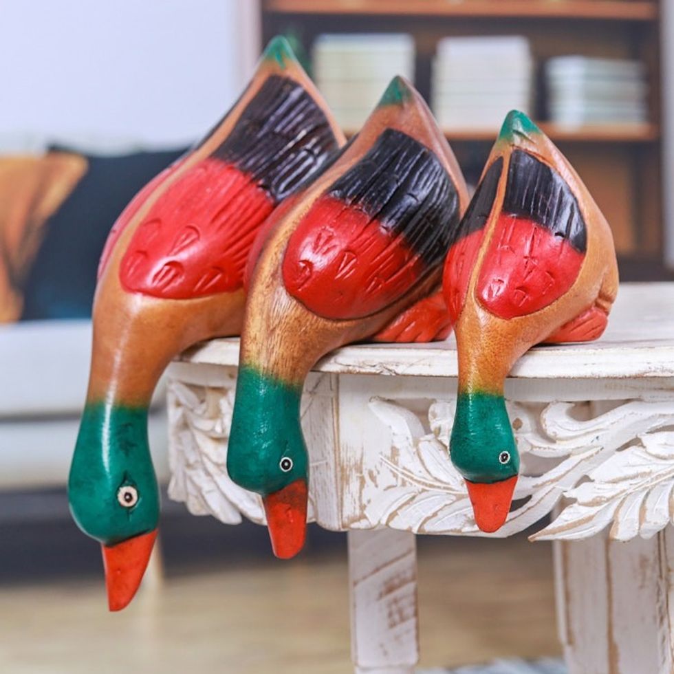 Set of 3 Hand-Carved Painted Raintree Wood Duck Sculptures 'Duck Clan'