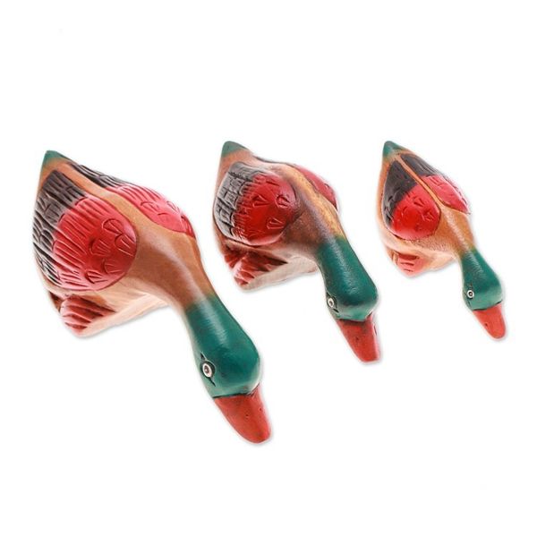 Alternate image for Set of 3 Hand-Carved Painted Raintree Wood Duck Sculptures Duck Clan