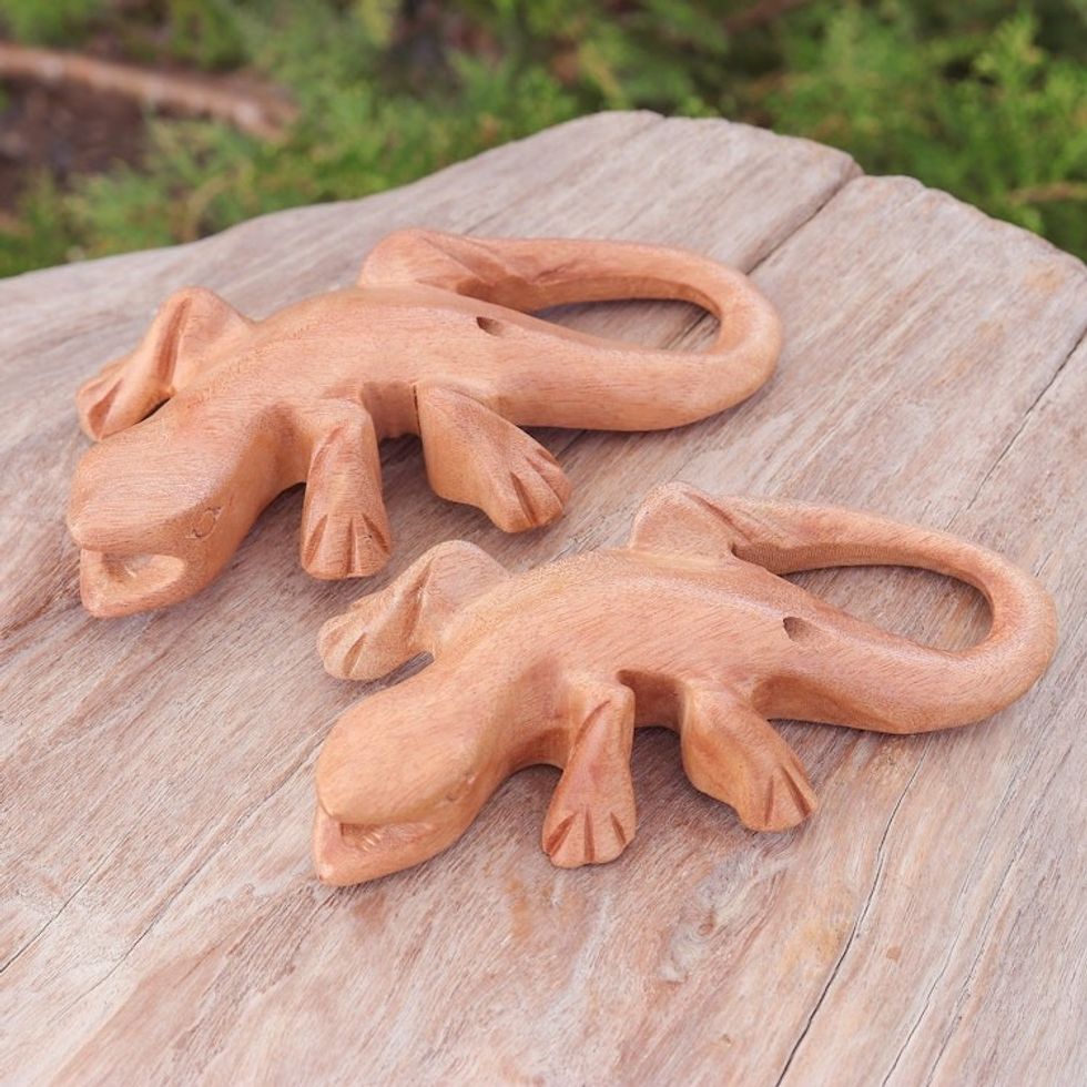 Hand-Carved Raintree Wood Gecko Ocarina Pair from Thailand 'Gecko Song'