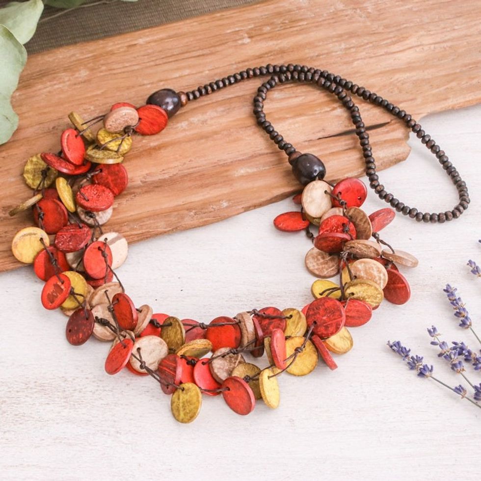 Red and Yellow Round Wood Beaded Three-Strand Necklace 'Cycles of Fire'
