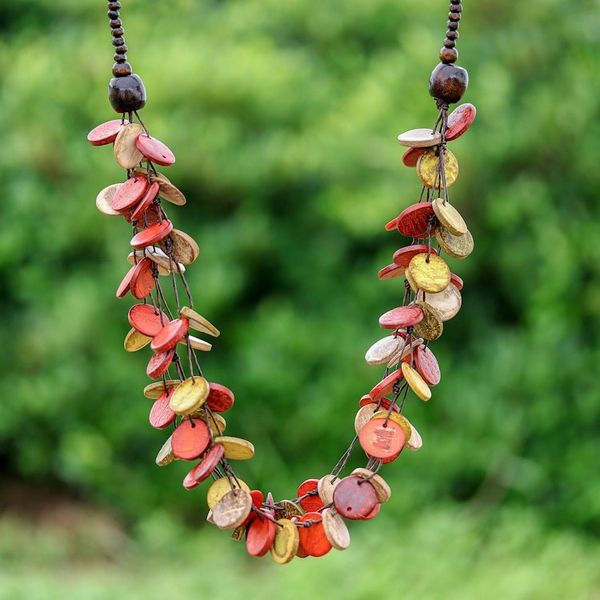 Alternate image for Red and Yellow Round Wood Beaded Three-Strand Necklace Cycles of Fire