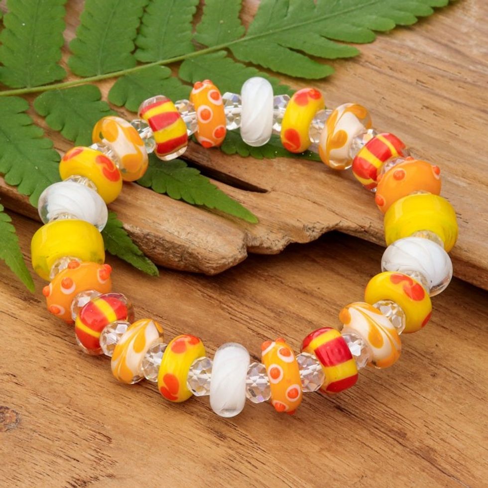 Yellow Orange Blown Glass Crystal Beaded Stretch Bracelet 'Vibrant Spell'