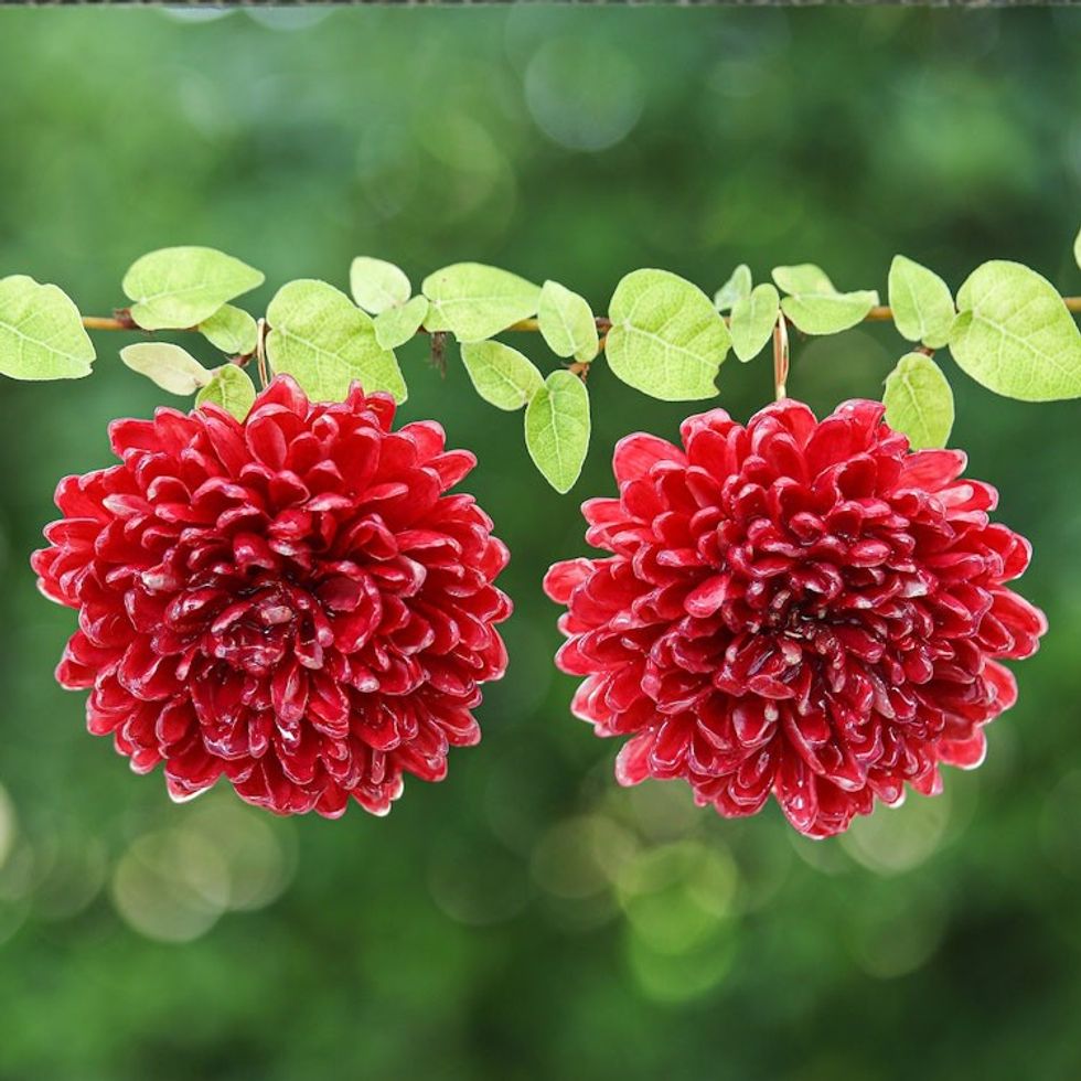 Chrysanthemum-Themed 22k Gold-Accented Red Dangle Earrings 'Happy Red'
