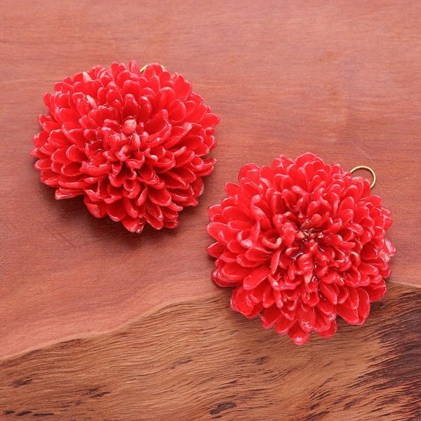 Alternate image for Chrysanthemum-Themed 22k Gold-Accented Red Dangle Earrings Happy Red