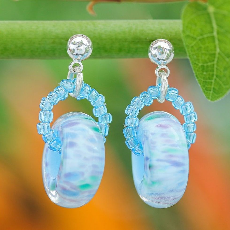 Handblown Glass Beaded Blue Dangle Earrings from Thailand 'Blue Glamor'