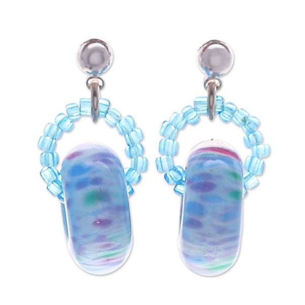 Alternate image for Handblown Glass Beaded Blue Dangle Earrings from Thailand Blue Glamor