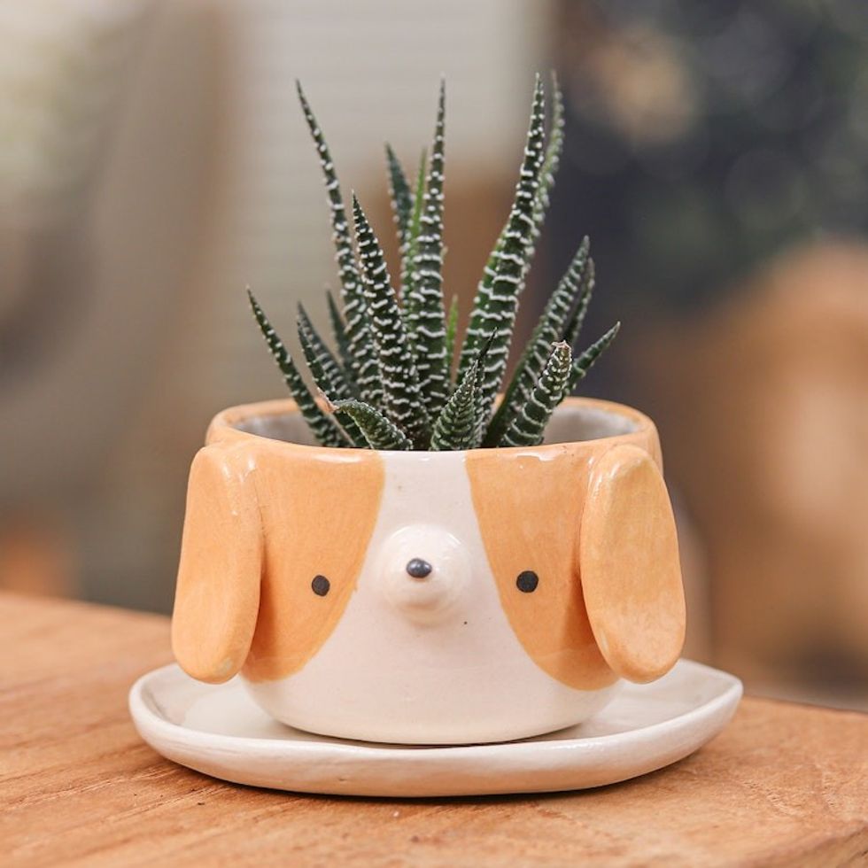 Glazed Beagle Dog Ceramic Mini Flower Pot and Saucer Small 'Beagle Spring'