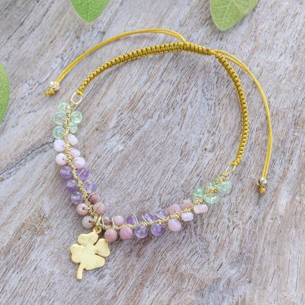 Lucky Clover Gold-Accented Multi-Gemstone Pendant Bracelet 'Four-Leaf Fortune'
