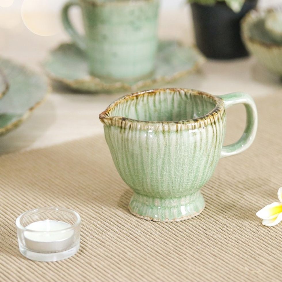 Handcrafted Green Celadon Ceramic Cruet with Crackled Finish 'Delightful in Green'