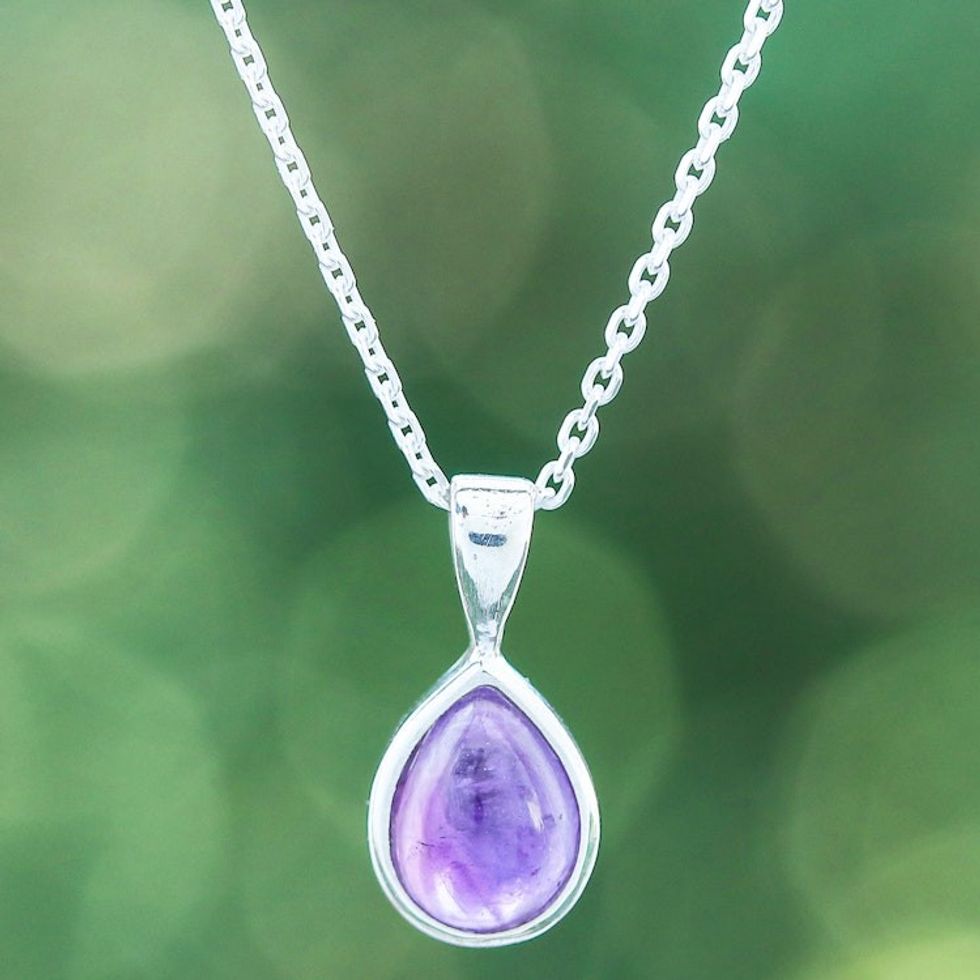 High-Polished Drop-Shaped Amethyst Pendant Necklace 'Drop for Sages'