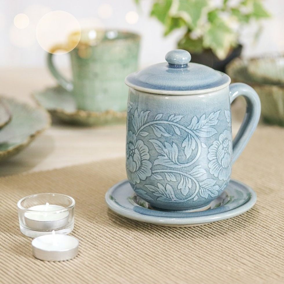 Classic Crackled Blue Celadon Ceramic Covered Cup and Saucer 'Luxury Peony in Blue'