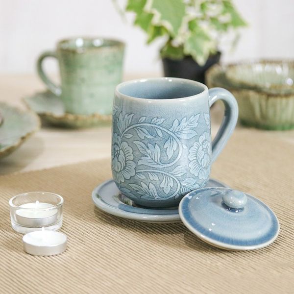 Alternate image for Classic Crackled Blue Celadon Ceramic Covered Cup and Saucer Luxury Peony in Blue