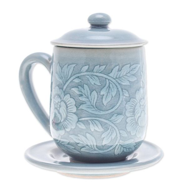 Alternate image for Classic Crackled Blue Celadon Ceramic Covered Cup and Saucer Luxury Peony in Blue