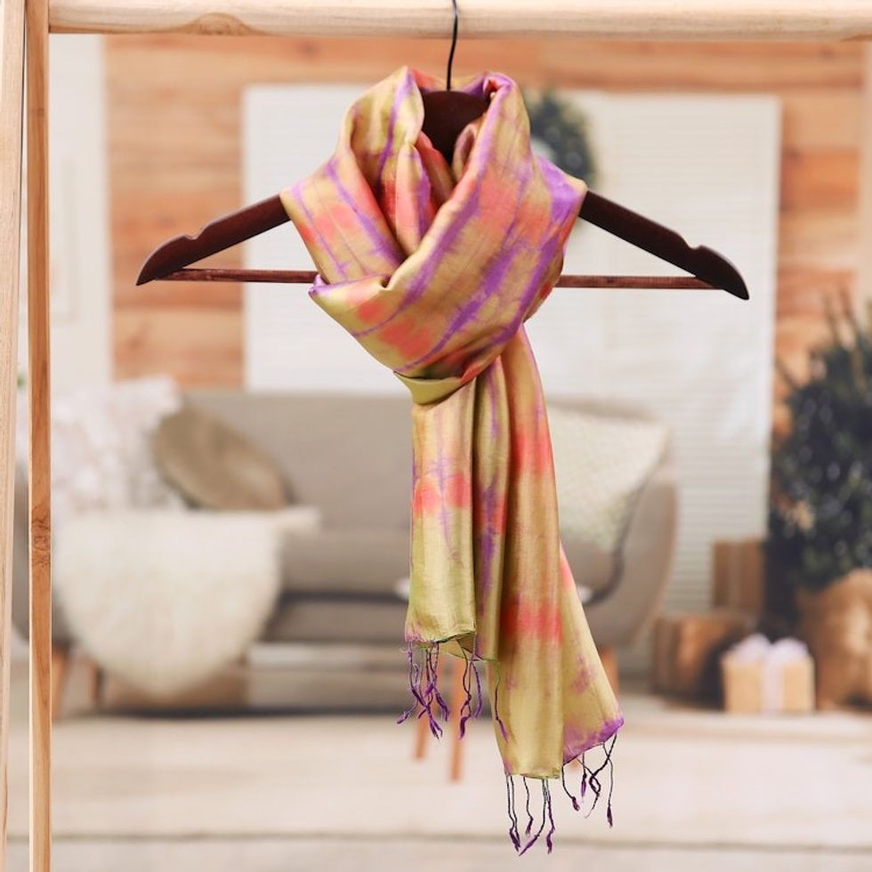 Ochre Rayon and Silk Blend Fringed Scarf Made in Thailand 'Ochre Striped'