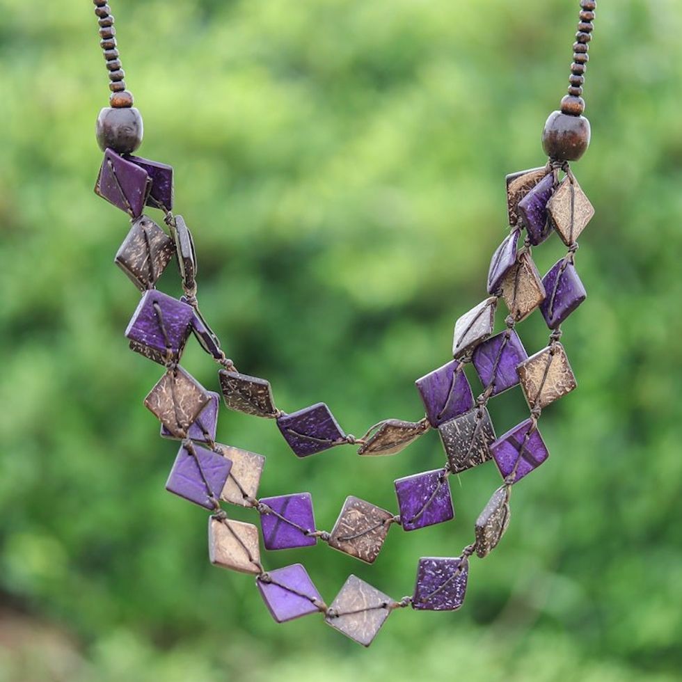 Purple Wood and Coconut Shell Beaded Strand Necklace 'Enchanted Diamonds'