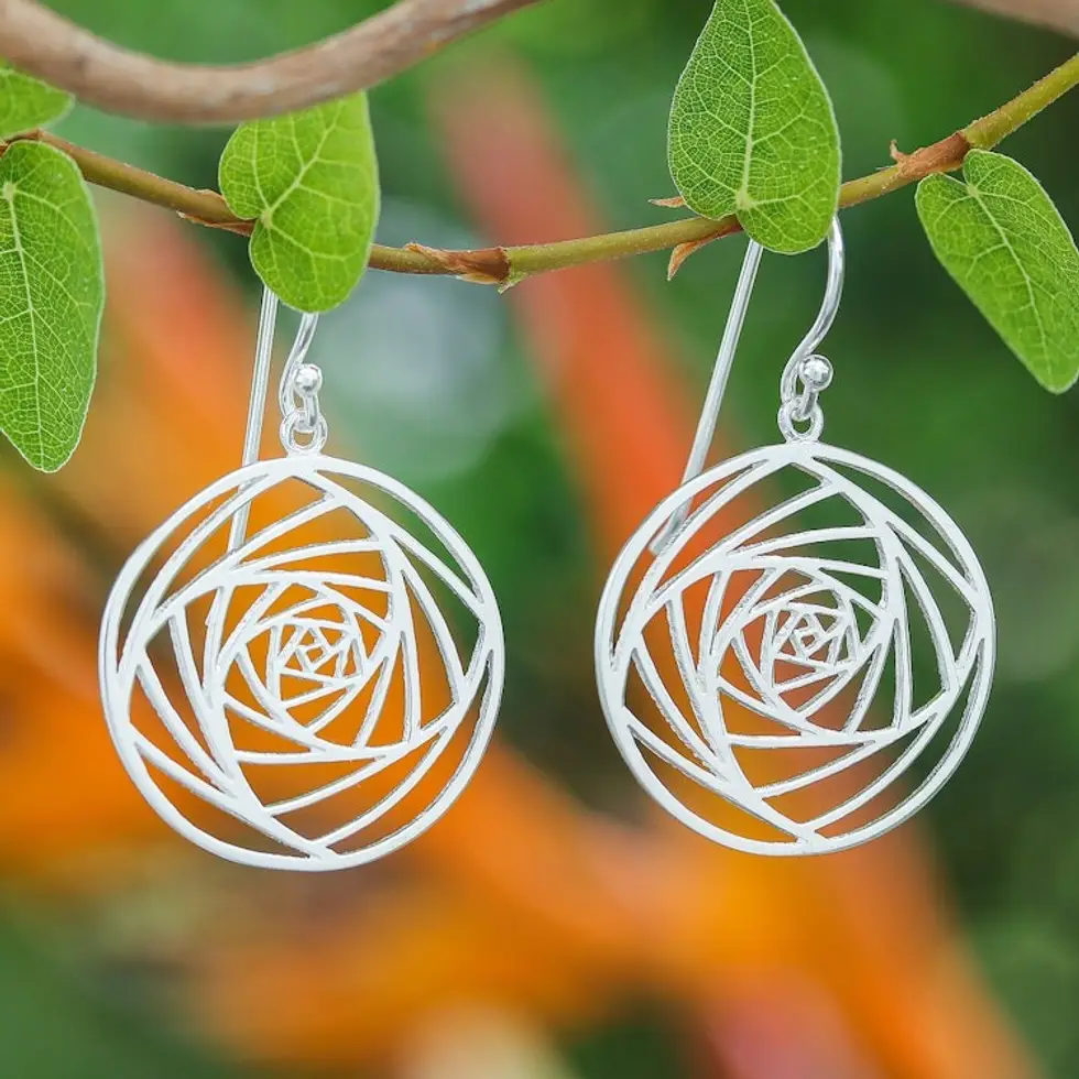 Modern Openwork Floral Sterling Silver Dangle Earrings 'Glamorized Flower'
