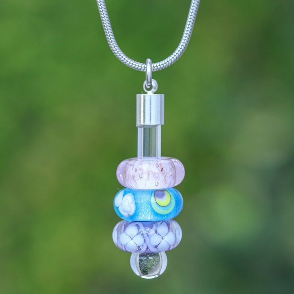 Spring-Themed Necklace with Purple Handblown Glass Pendants 'Enchanting Amulets'