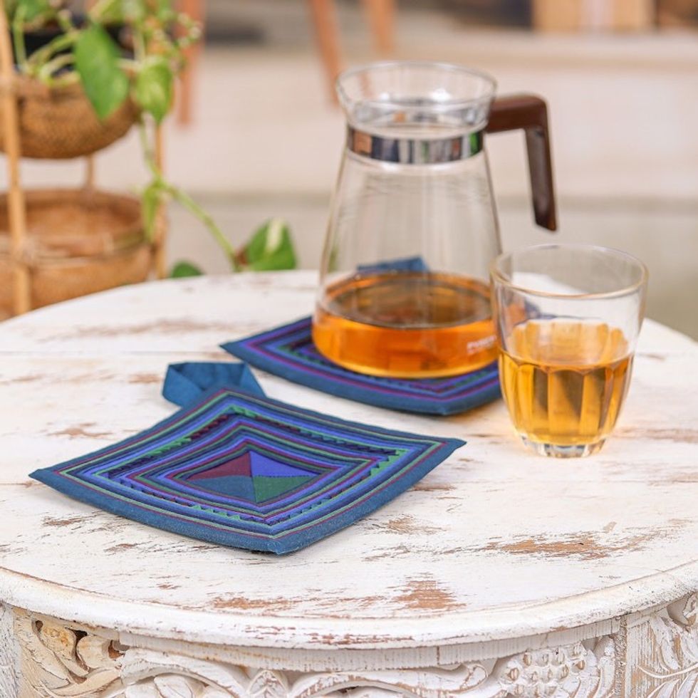 2 Cotton Blend Trivets with Lisu Hill Tribe Applique Work 'Lisu Cooking in Blue'