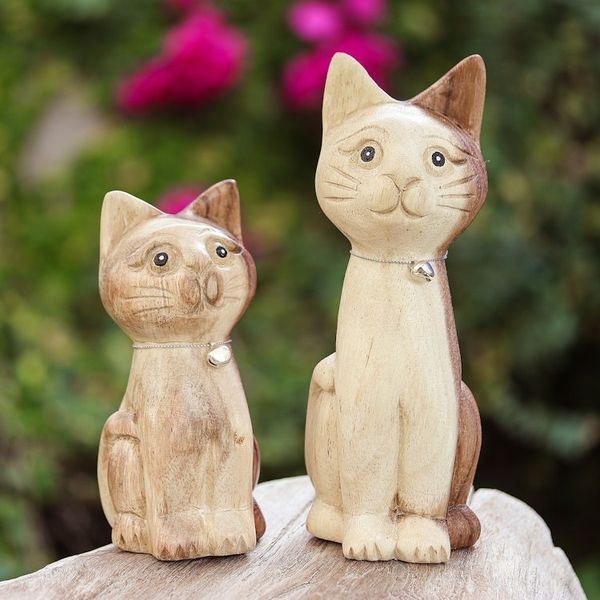 Alternate image for Hand-Carved Cat-Themed 2-Piece Raintree Wood Figurine Set Feline Symphony
