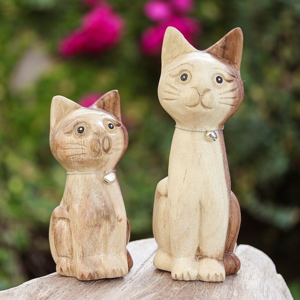 Hand-Carved Cat-Themed 2-Piece Raintree Wood Figurine Set 'Feline Symphony'