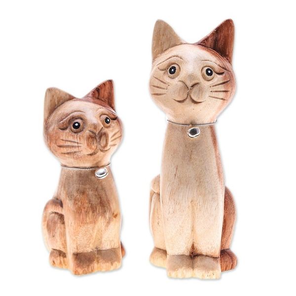 Alternate image for Hand-Carved Cat-Themed 2-Piece Raintree Wood Figurine Set Feline Symphony