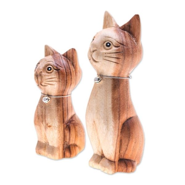 Alternate image for Hand-Carved Cat-Themed 2-Piece Raintree Wood Figurine Set Feline Symphony