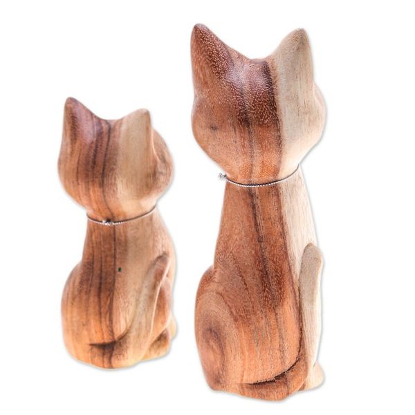 Alternate image for Hand-Carved Cat-Themed 2-Piece Raintree Wood Figurine Set Feline Symphony
