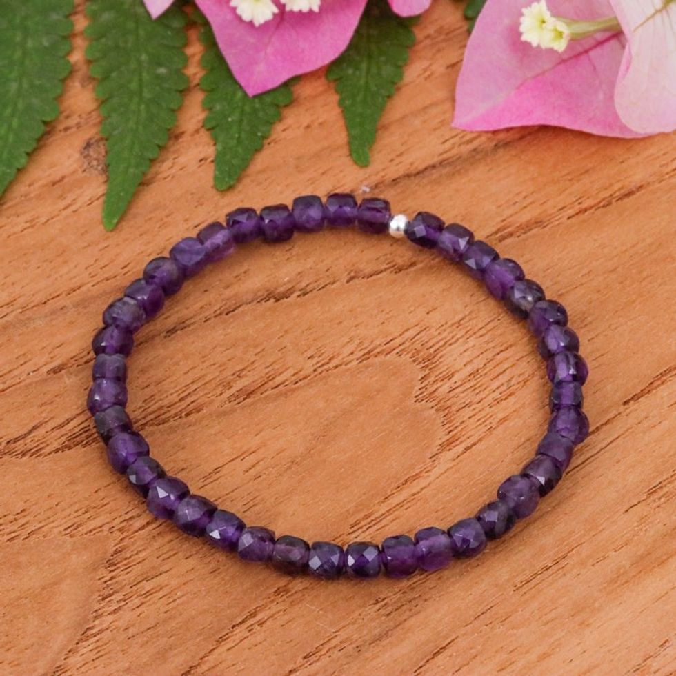 Birthstone 15-Carat Faceted Square Amethyst Stretch Bracelet 'Wise Colors of Chiang Mai'