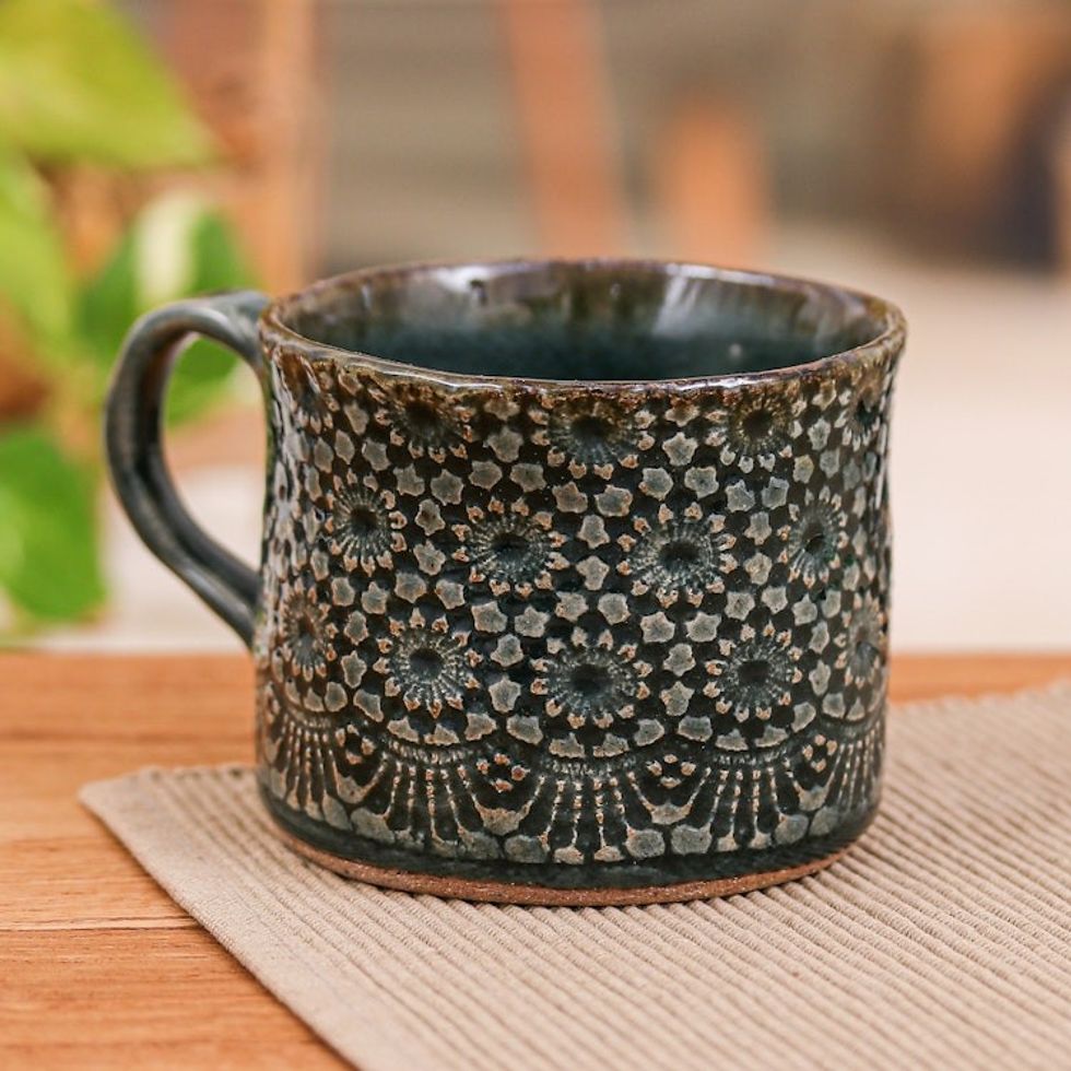 Glazed Floral Mosaic-Themed Ceramic Cup in Black and Green 'Floral Shadows'