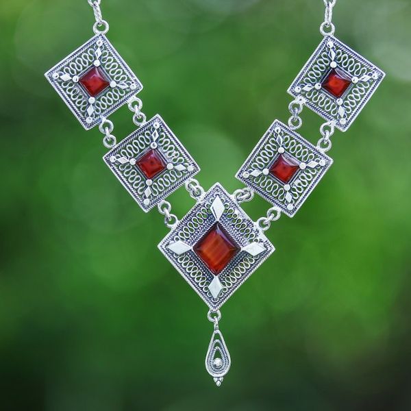 Alternate image for Natural Carnelian Cabochon Link Pendant Necklace Fiery Prima Donna