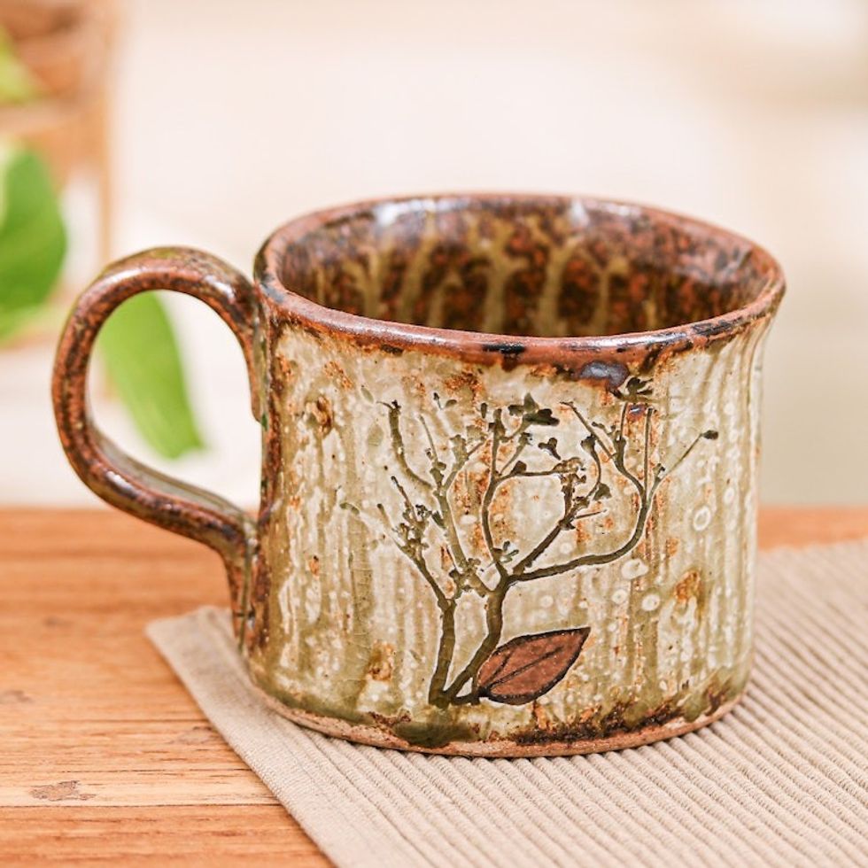 Nature-Themed Brown Celadon Ceramic Cup with a Glazed Finish 'Ephemeral Forest'