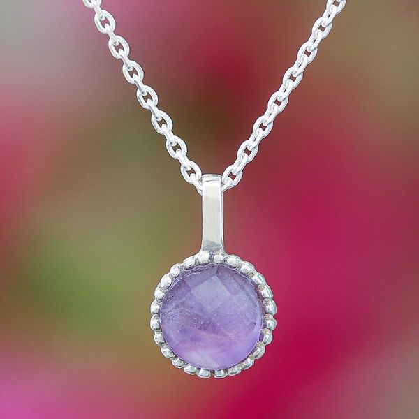 Alternate image for Silver Pendant Necklace with Round Faceted Amethyst Gem Radiant Purple