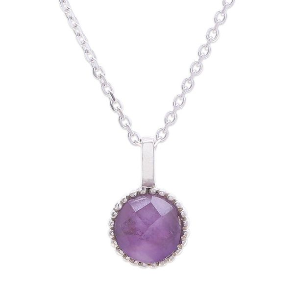 Alternate image for Silver Pendant Necklace with Round Faceted Amethyst Gem Radiant Purple