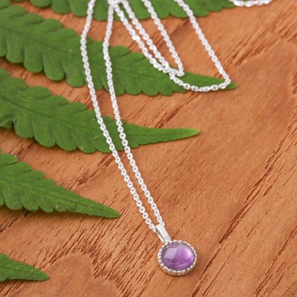 Alternate image for Silver Pendant Necklace with Round Faceted Amethyst Gem Radiant Purple