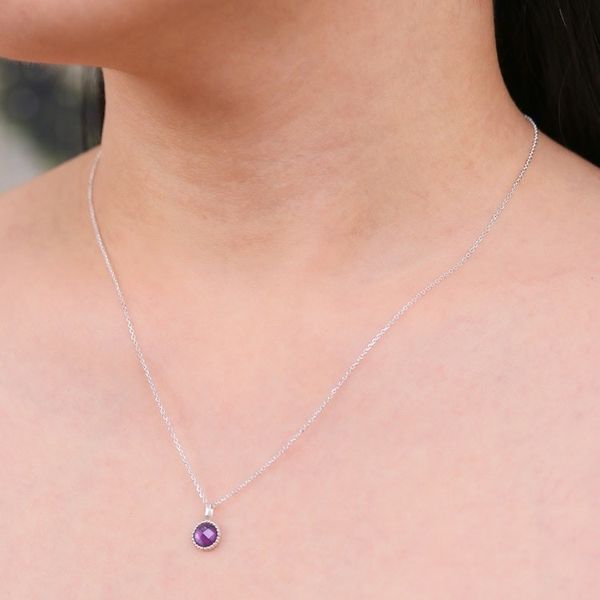 Alternate image for Silver Pendant Necklace with Round Faceted Amethyst Gem Radiant Purple