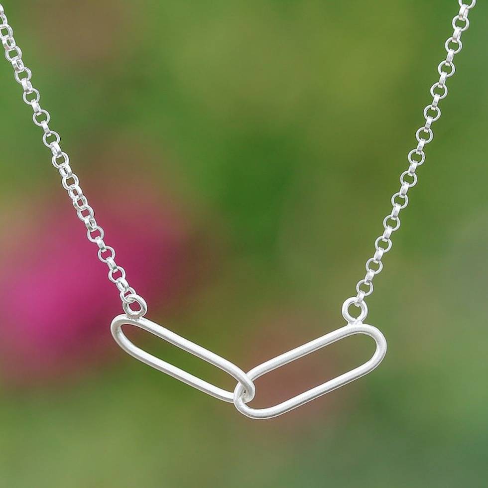 Paper Clip-Themed Modern Sterling Silver Pendant Necklace 'Linked Look'