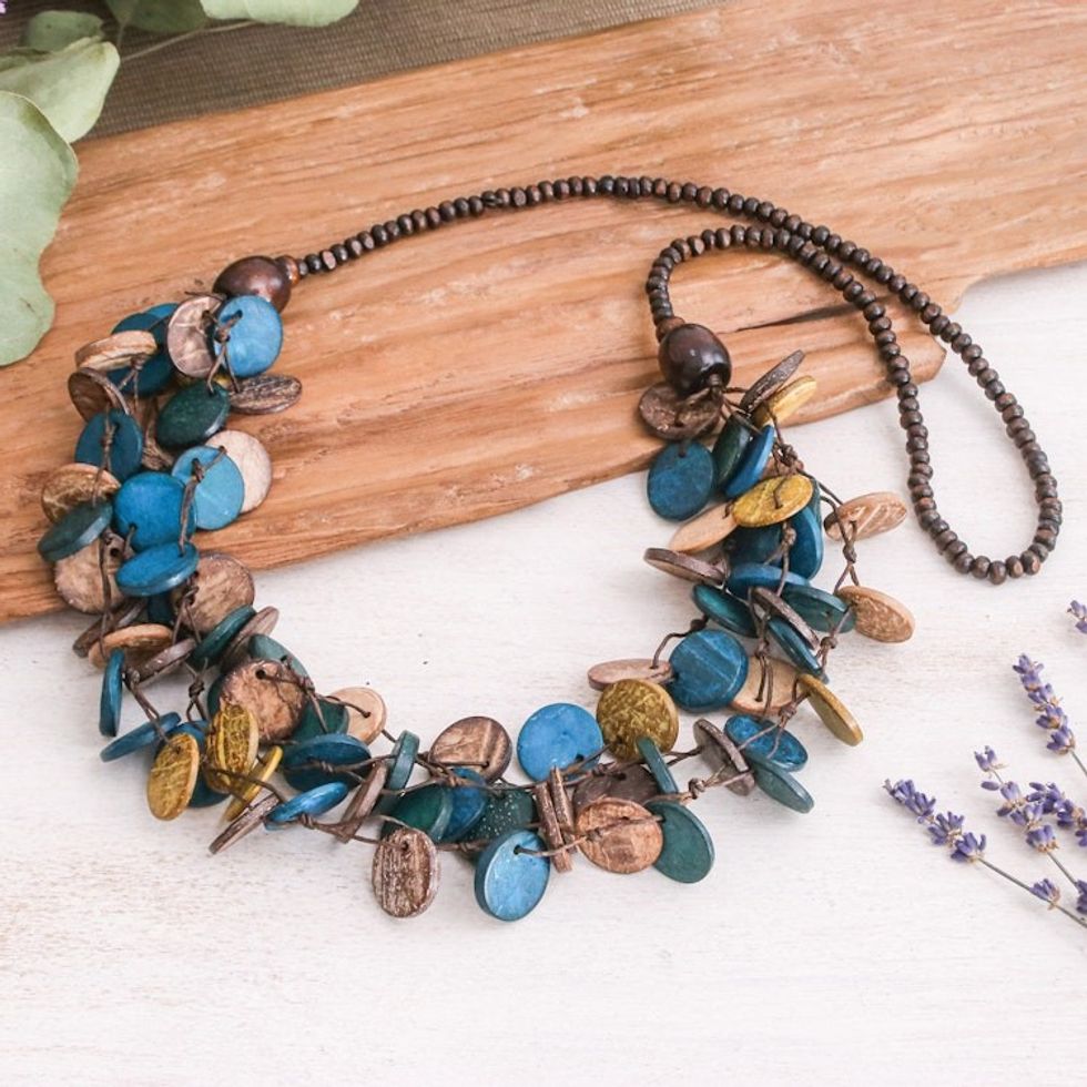 Teal and Golden Round Wood Beaded Three-Strand Necklace 'Cycles of Majesty'