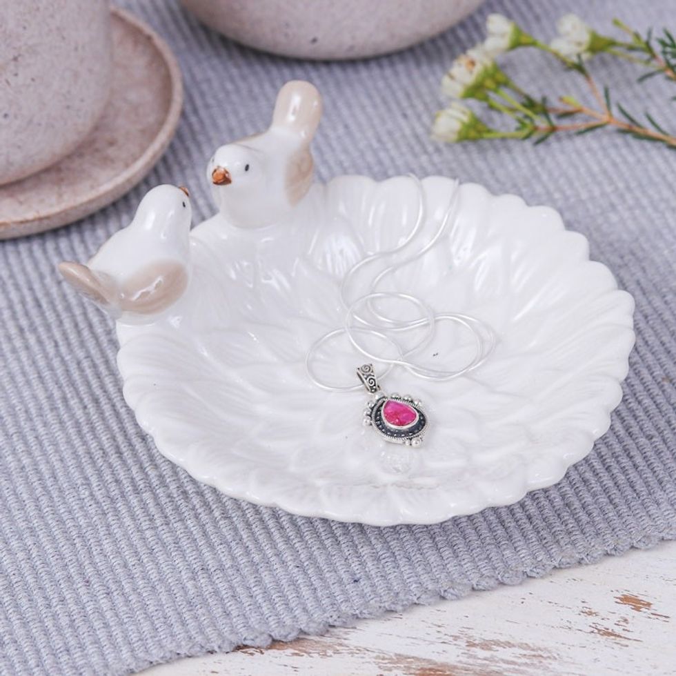 Handcrafted Bird-Themed Floral White Ceramic Catchall 'Bird's Peace'