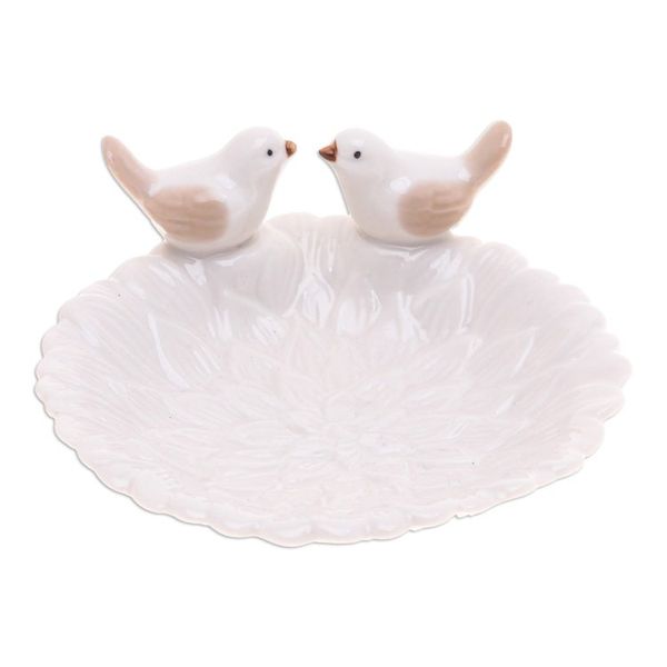 Alternate image for Handcrafted Bird-Themed Floral White Ceramic Catchall Birds Peace