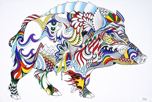 Alternate image for Traditional Thai Year of the Pig Acrylic on Canvas Painting Wild Boar