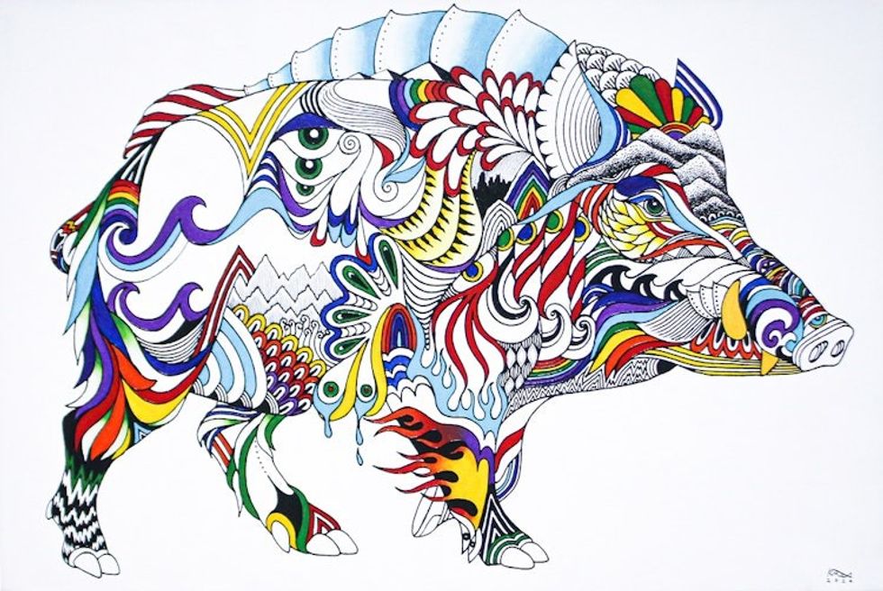 Traditional Thai Year of the Pig Acrylic on Canvas Painting 'Wild Boar'